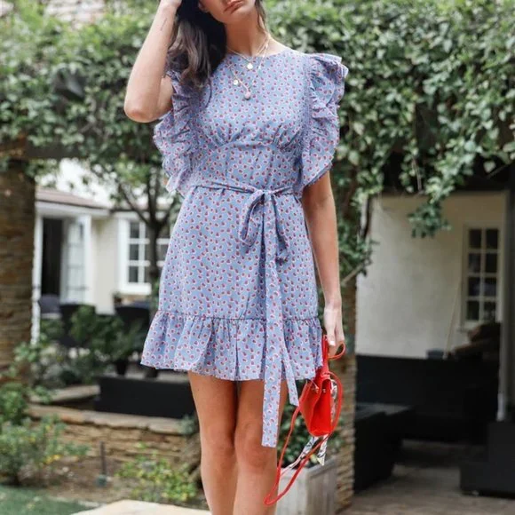 Rose Print Ruffle Trim Self-Tie Belted Mini Dress - Picture 2 of 4